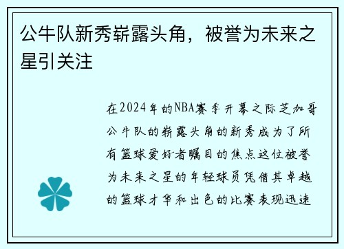 公牛队新秀崭露头角，被誉为未来之星引关注